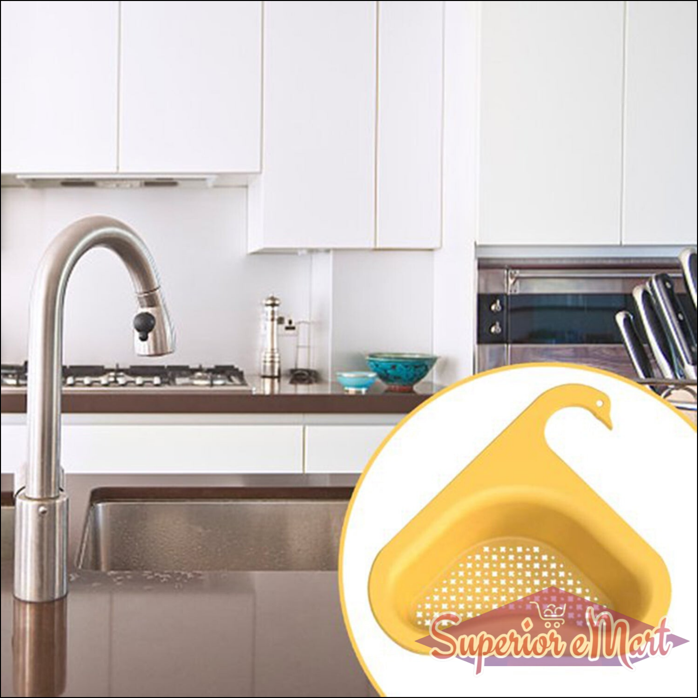 Swan kitchen drain strainer in yellow placed in a modern kitchen sink for effective food waste filtration