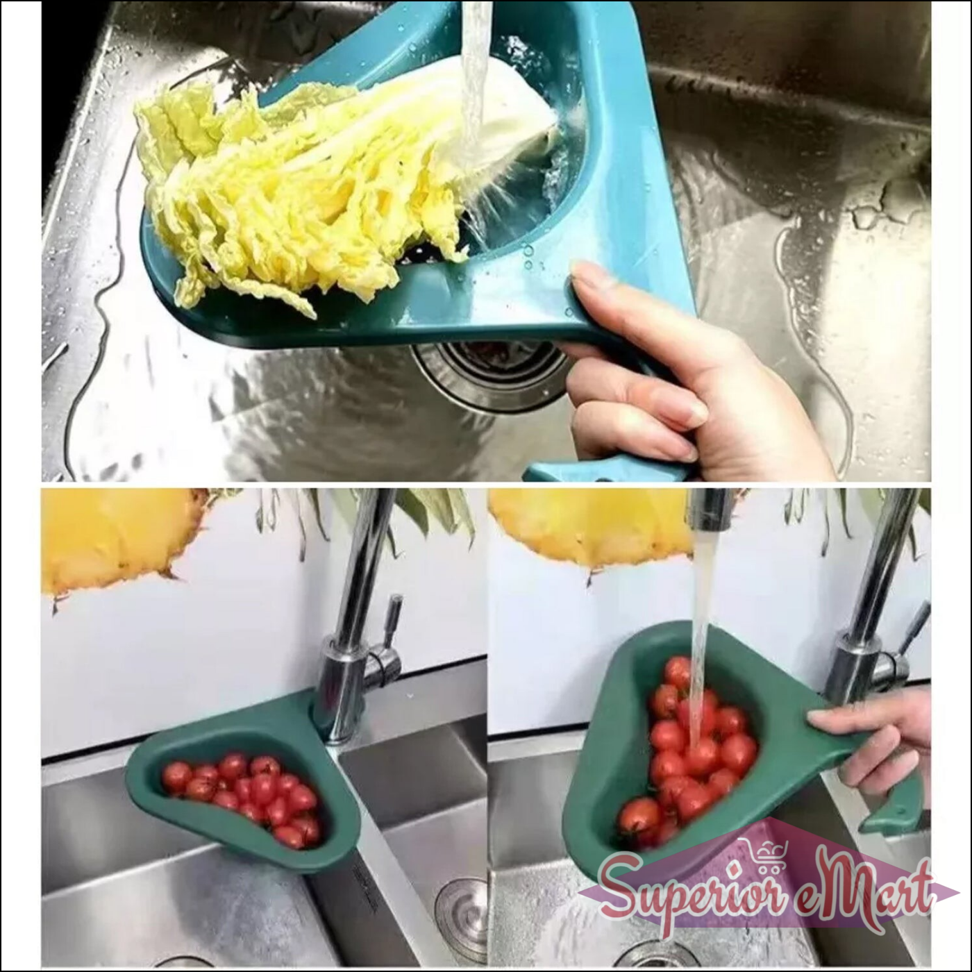 Swan kitchen drain strainer in use, catching vegetables and fruits while draining water in a sink