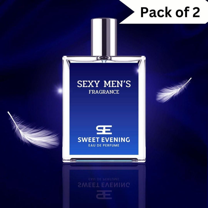 Pack of 2 sexy men's fragrance 100ml pack Sweet Evening Eau de Parfum bottles on dark blue background