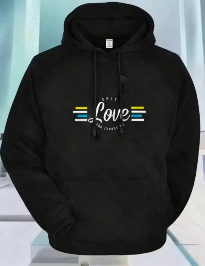 Black hoodie with text design on a light gray background