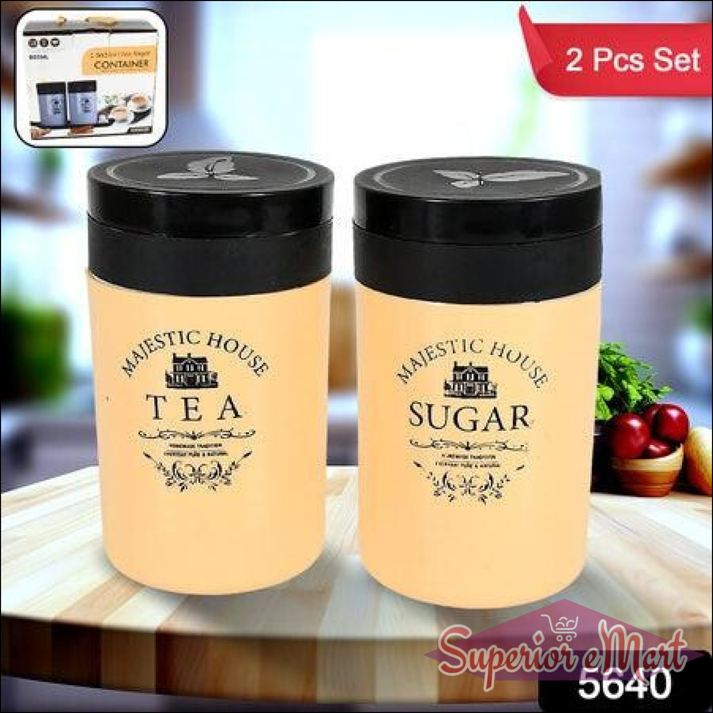 Airtight tea sugar coffee container set in peach color featuring labeled Tea and Sugar designs