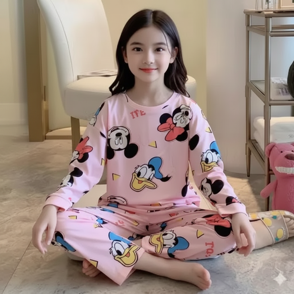 Kids Printed Long Sleeve T-Shirt and Pajamas Night Dress Set