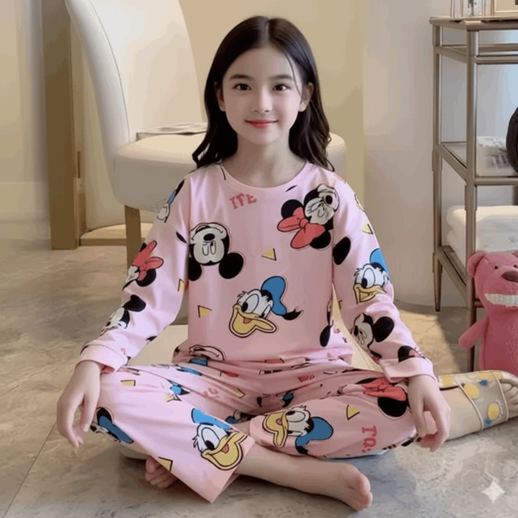 Kids Printed Long Sleeve T-Shirt and Pajamas Night Dress Set
