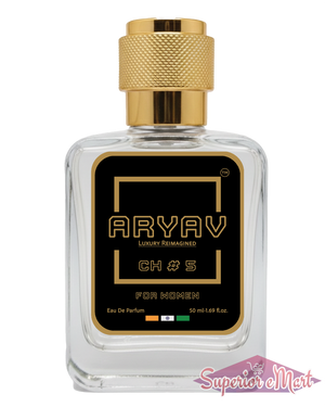Aryav CH #5 for Women Eau De Parfum: clear glass bottle with a knurled gold cap and black label with gold lettering.