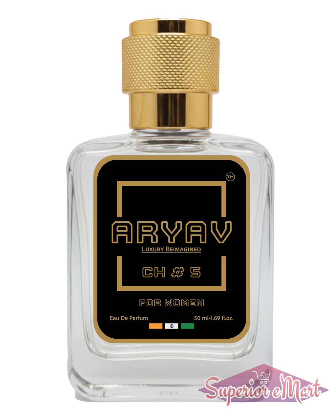 Aryav CH #5 for Women Eau De Parfum: clear glass bottle with a knurled gold cap and black label with gold lettering.