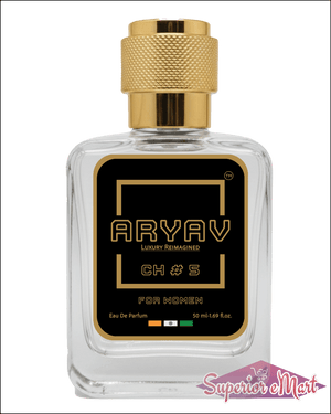 Aryav CH #5 for Women Eau De Parfum: clear glass bottle with a knurled gold cap and black label with gold lettering.