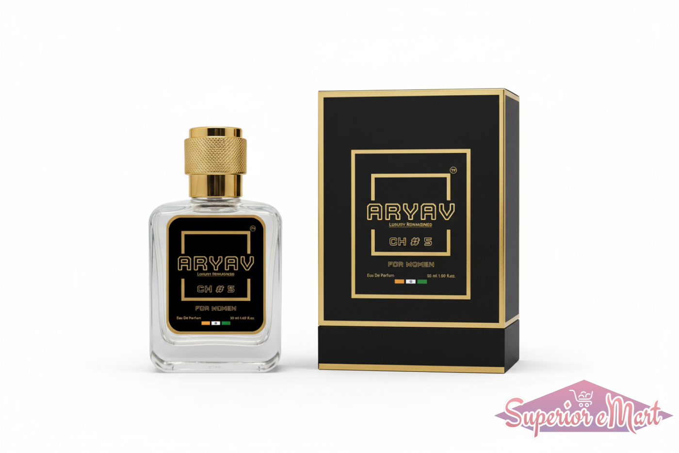 Aryav CH #5 women's perfume in a clear glass bottle with a gold cap, next to its black and gold branded box.