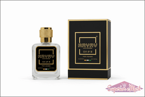 Aryav CH #5 women's perfume in a clear glass bottle with a gold cap, next to its black and gold branded box.