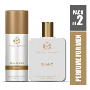 The Man Company Blanc Pack of 2: white and gold 120ml Body Parfum spray and 50ml Eau De Toilette bottle for men.
