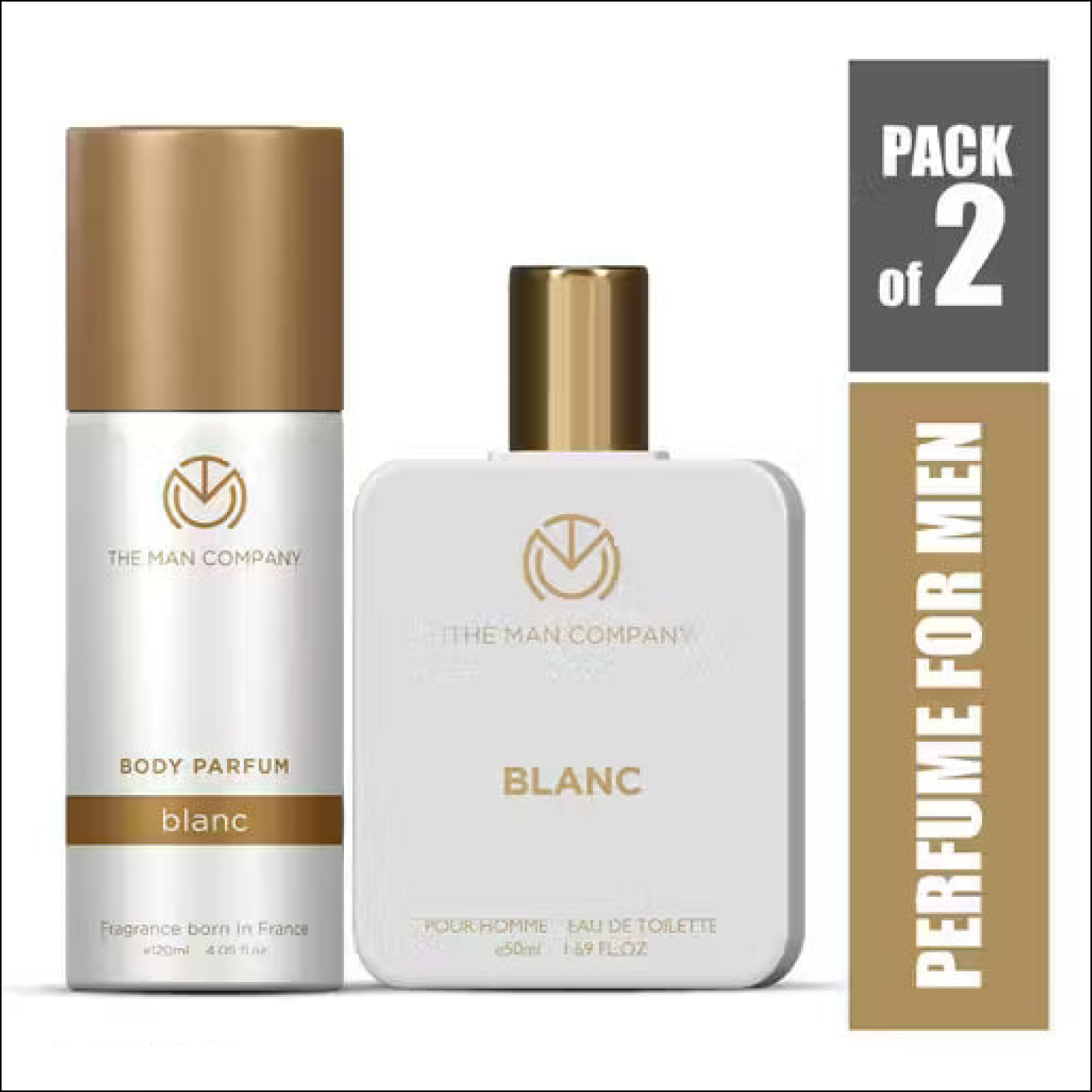 The Man Company Blanc Pack of 2: white and gold 120ml Body Parfum spray and 50ml Eau De Toilette bottle for men.