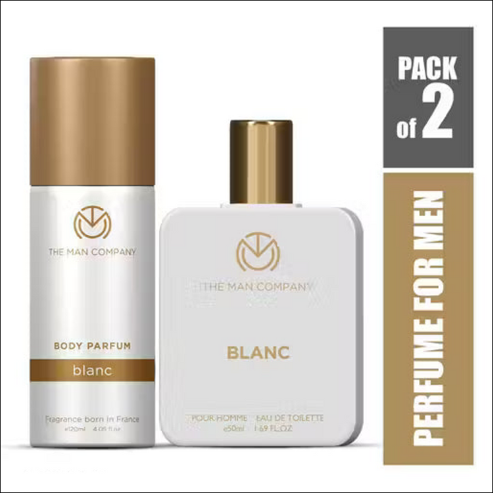 The Man Company Blanc Pack of 2: white and gold 120ml Body Parfum spray and 50ml Eau De Toilette bottle for men.