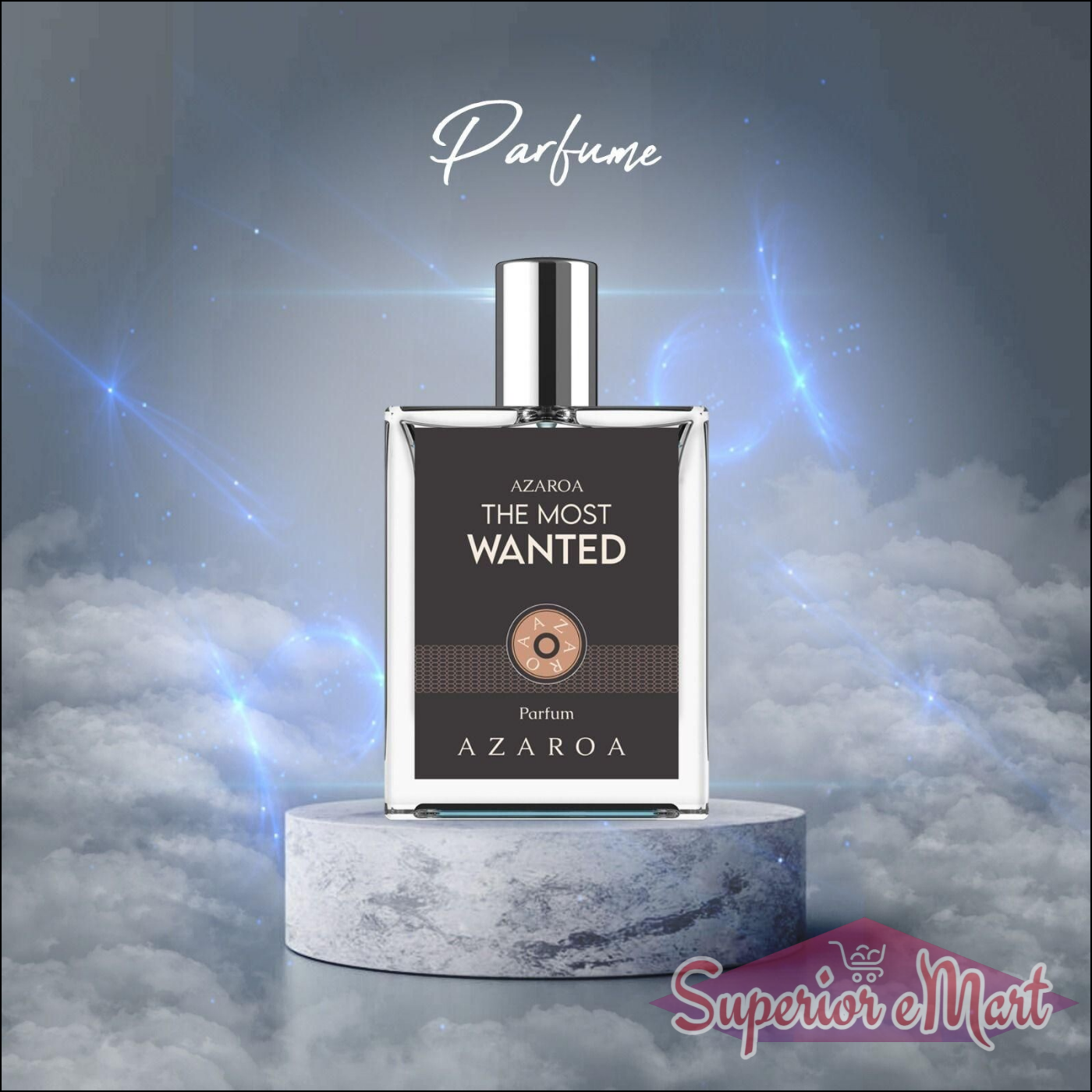 The Most Wanted Perfume by Azaroa in a sleek bottle against a cloud background