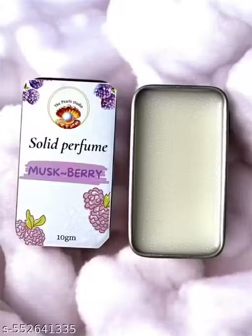 Musk berry solid perfume in a metal tin, 10g, with floral packaging design