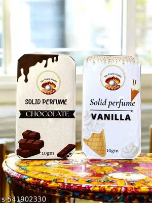 Pocket solid perfume combo for men and women featuring chocolate and vanilla scents in stylish tins