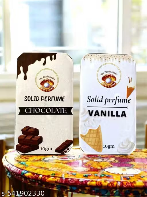 Pocket solid perfume combo for men and women featuring chocolate and vanilla scents in stylish tins