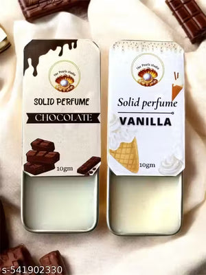 Pocket solid perfume combo for men and women featuring chocolate and vanilla scents in a stylish tin