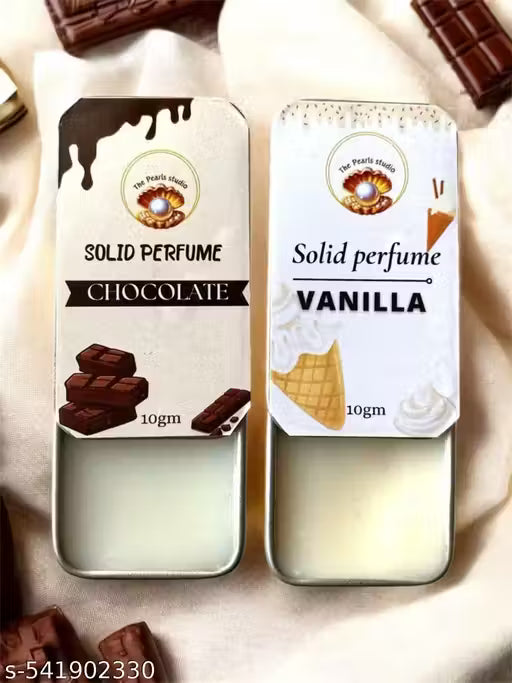 Pocket solid perfume combo for men and women featuring chocolate and vanilla scents in a stylish tin