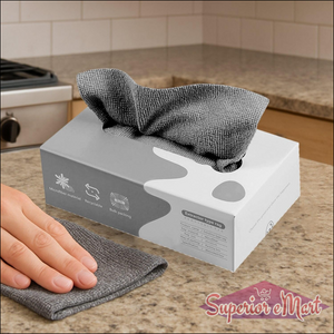 Multi-purpose cleaning rags for kitchen and car in a box with a hand reaching for a rag