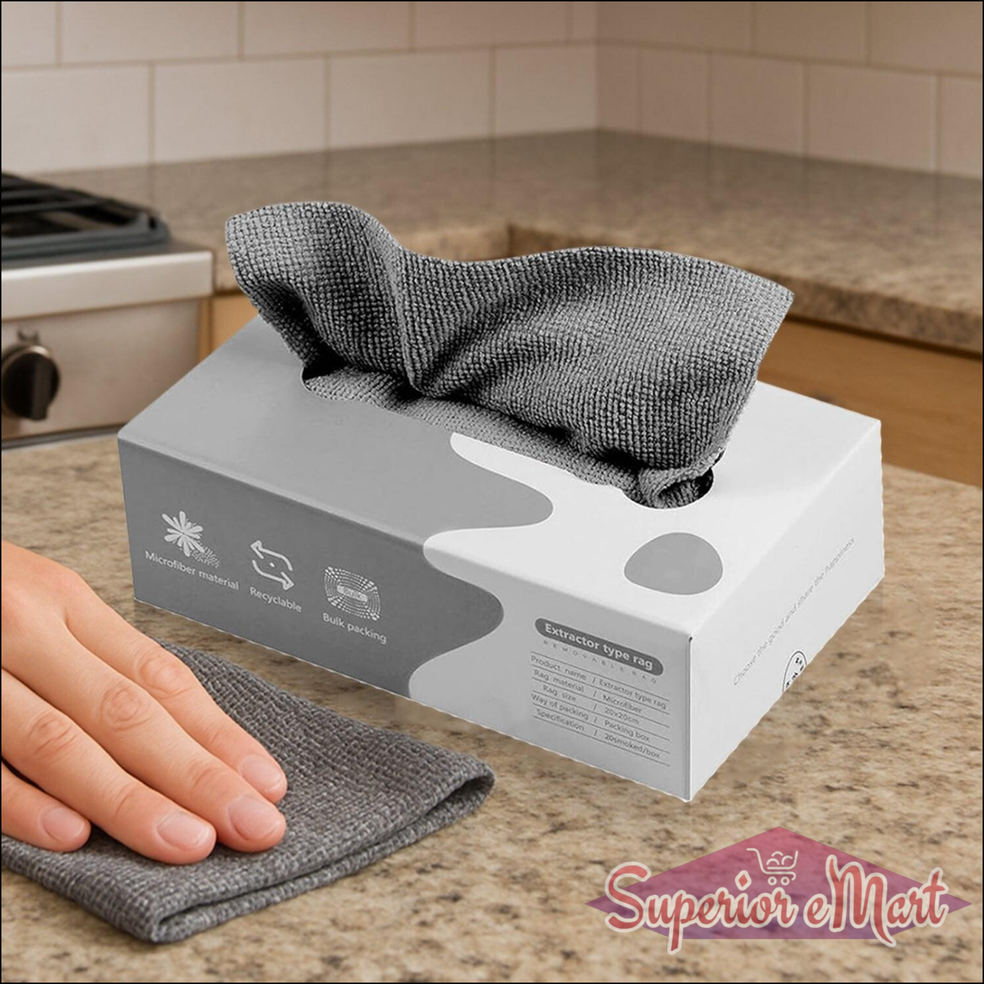 Multi-purpose cleaning rags for kitchen and car in a box with a hand reaching for a rag