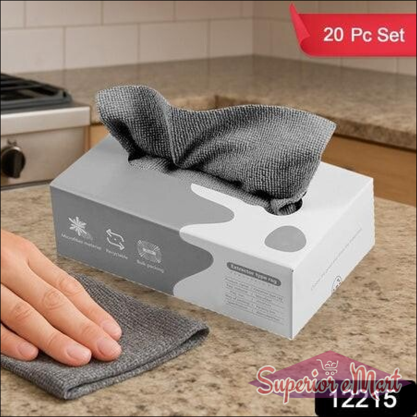 Superior eMart multi-purpose cleaning rags for kitchen and car in a convenient 20 set packaging