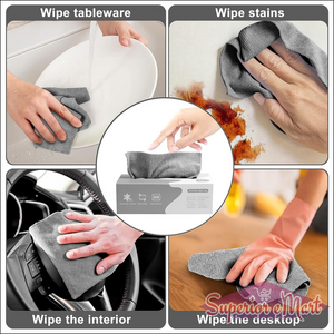 Multi-purpose cleaning rags for kitchen and car shown wiping tableware, stains, interior, and desktop surfaces.