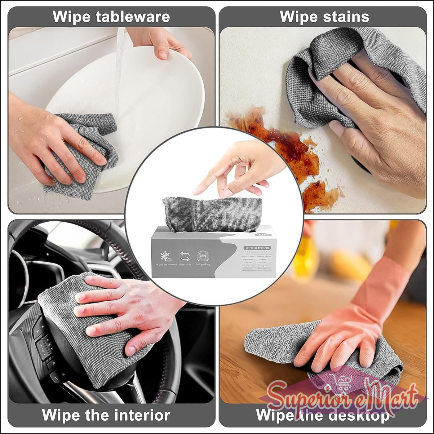 Multi-purpose cleaning rags for kitchen and car shown wiping tableware, stains, interior, and desktop surfaces.