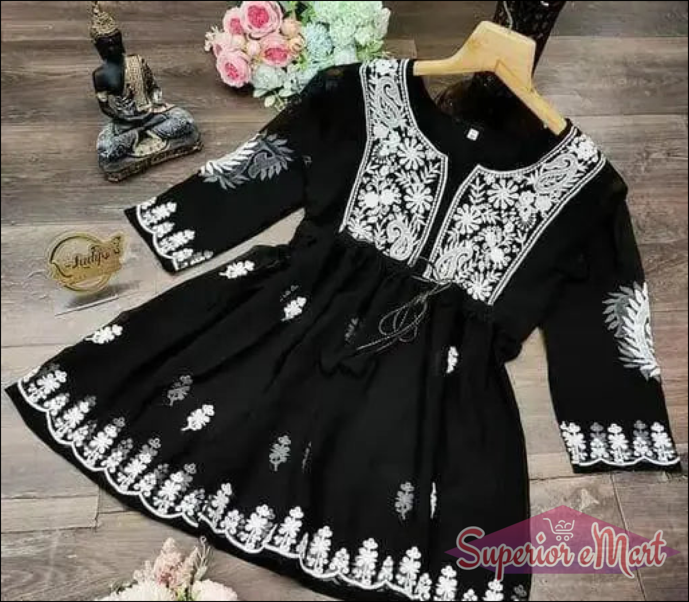 Three-quarter sleeve Chikankari Short Kurtis.