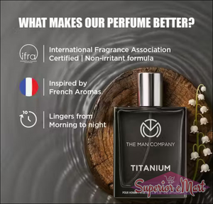Dark Titanium perfume by The Man Company on wood. Text highlights IFRA certification, French aromas, and 10-hour wear.