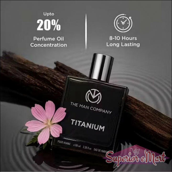 The Man Company Titanium perfume bottle on water with a pink flower. 20% oil, 8-10 hours long-lasting fragrance.