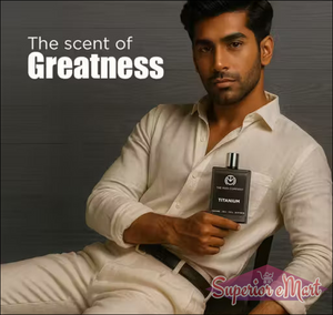 Man in a cream linen shirt holding Titanium perfume by The Man Company. Text: The scent of Greatness.
