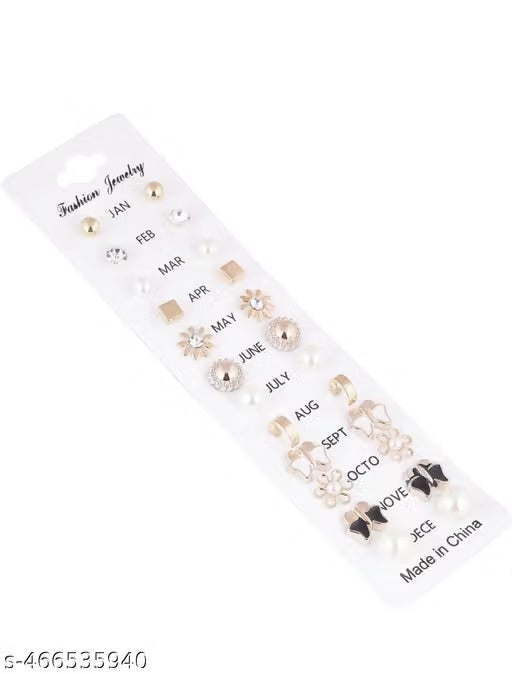 Beautiful 12 Pair Combo Set Zircon, Black, Pearl Brass, Stone, Silicone, Alloy, Silver Stud Earring, Hoop Earring, Cuff Earring, Ear Thread, Earring Set girls, and woman