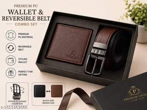 Men’s Premium Reversible Belt & PU Brown Wallet Combo Set