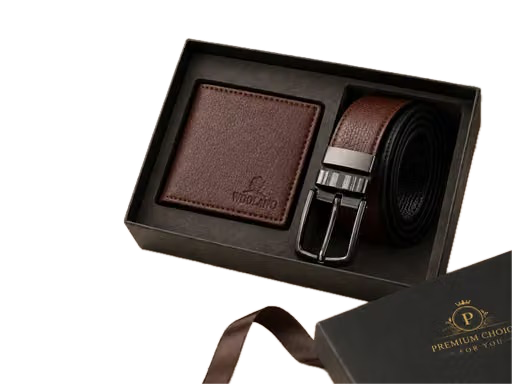 Men’s Premium Reversible Belt & PU Brown Wallet Combo Set