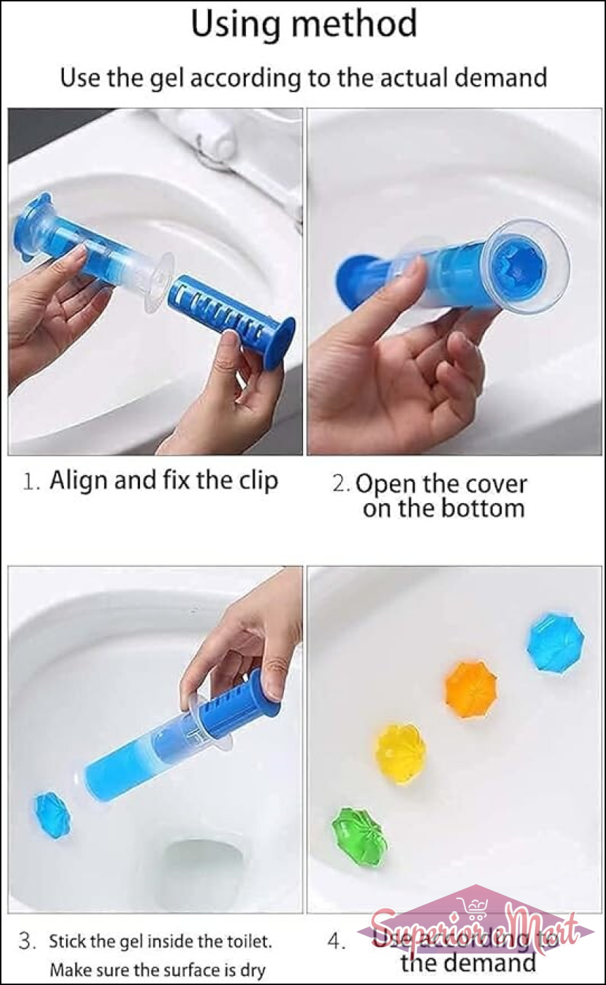 Four-step instructions for using a blue plastic toilet gel stamper to apply colorful flower stamps to a toilet bowl.
