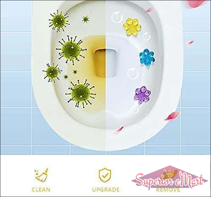 Split toilet: dirty side with green germs vs. clean side with colorful gel flowers. Clean, Upgrade, Remove icons.
