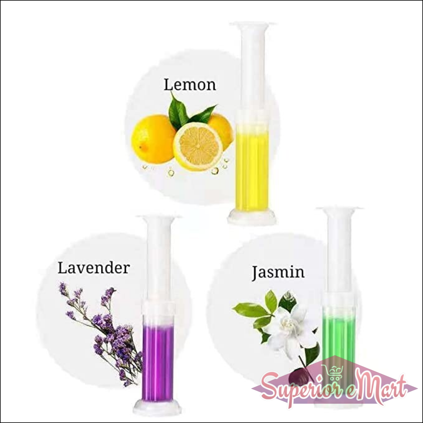 Three gel dispensers labeled Lemon (yellow), Lavender (purple), and Jasmin (green) with matching botanical images.