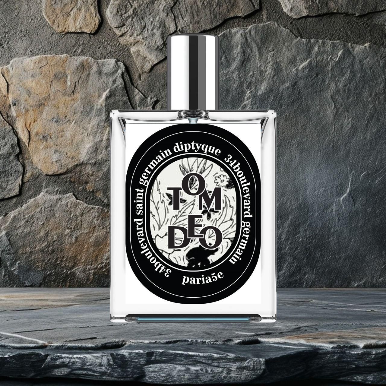 34 Boulevard Germain perfume bottle by Superior eMart with black label on stone surface background