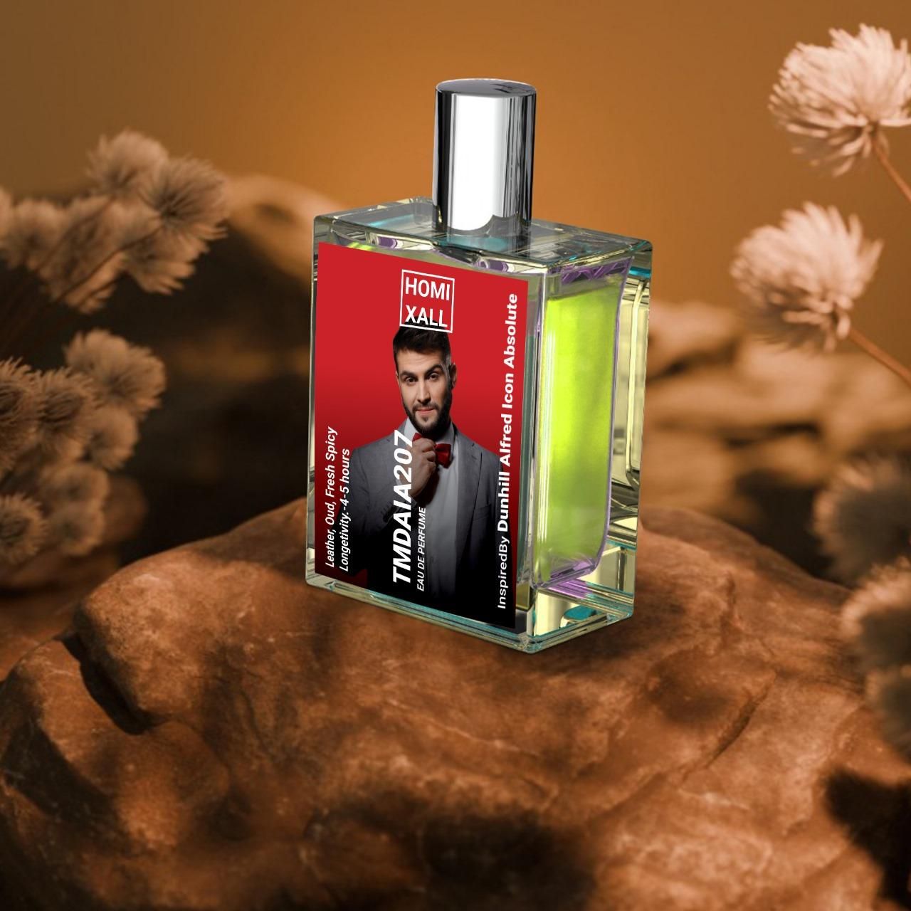 Tomi Xale Eau de Parfum 100ml bottle on a rocky surface with natural decor surrounding it