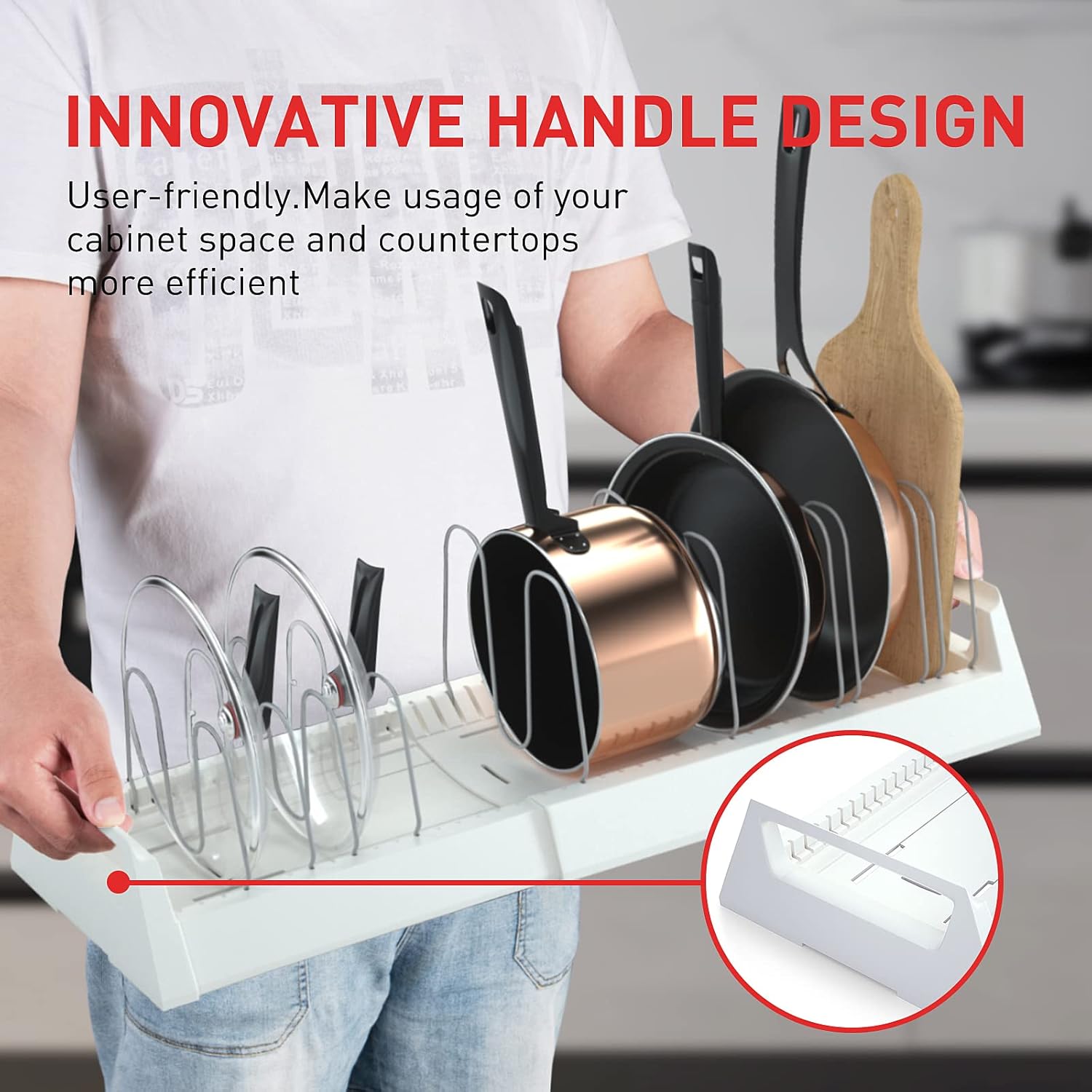 Superior eMart pots and pans organizer for under cabinet with innovative handle design holding pans and lids
