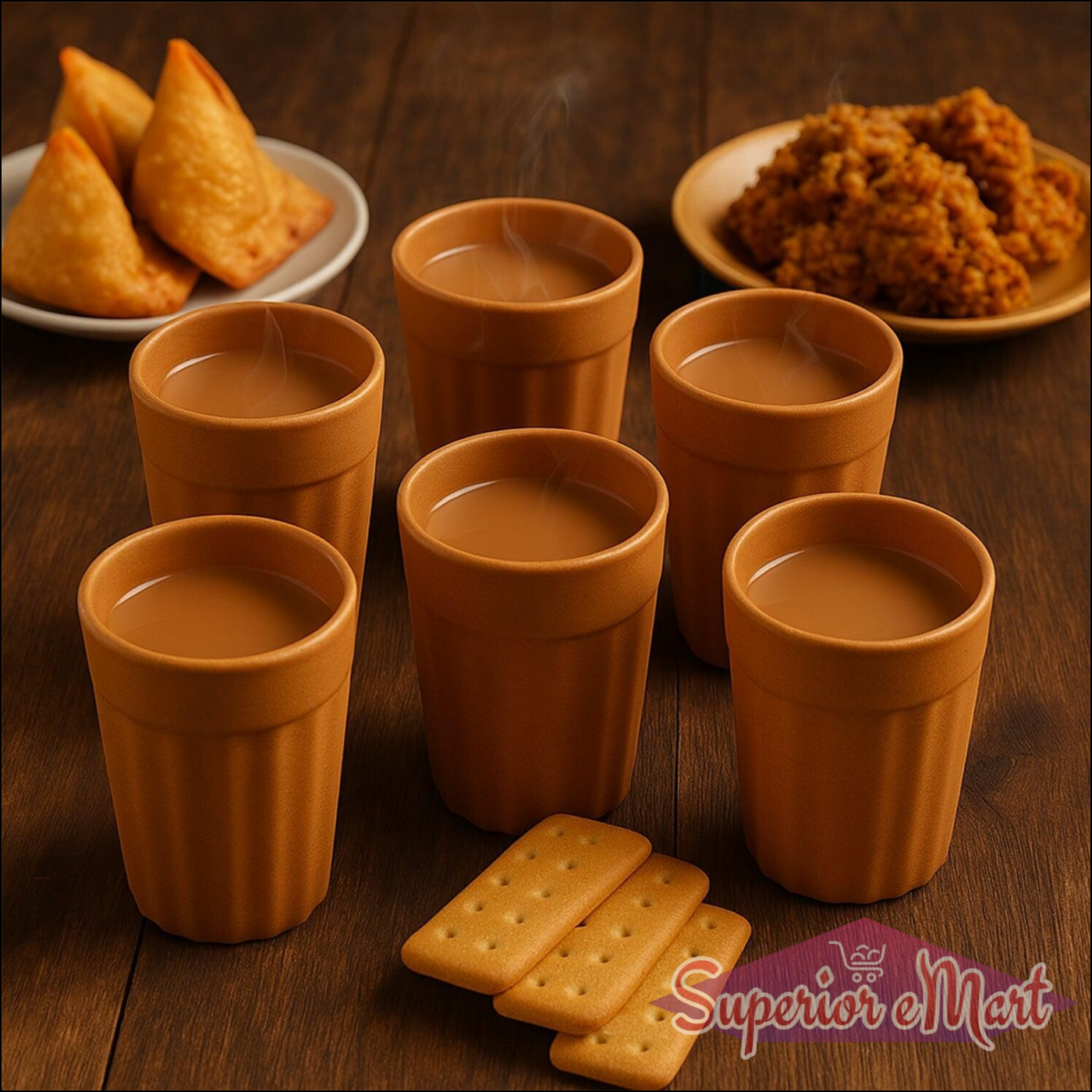 Traditional chai cups set displayed with snacks on a wooden table for an authentic tea experience