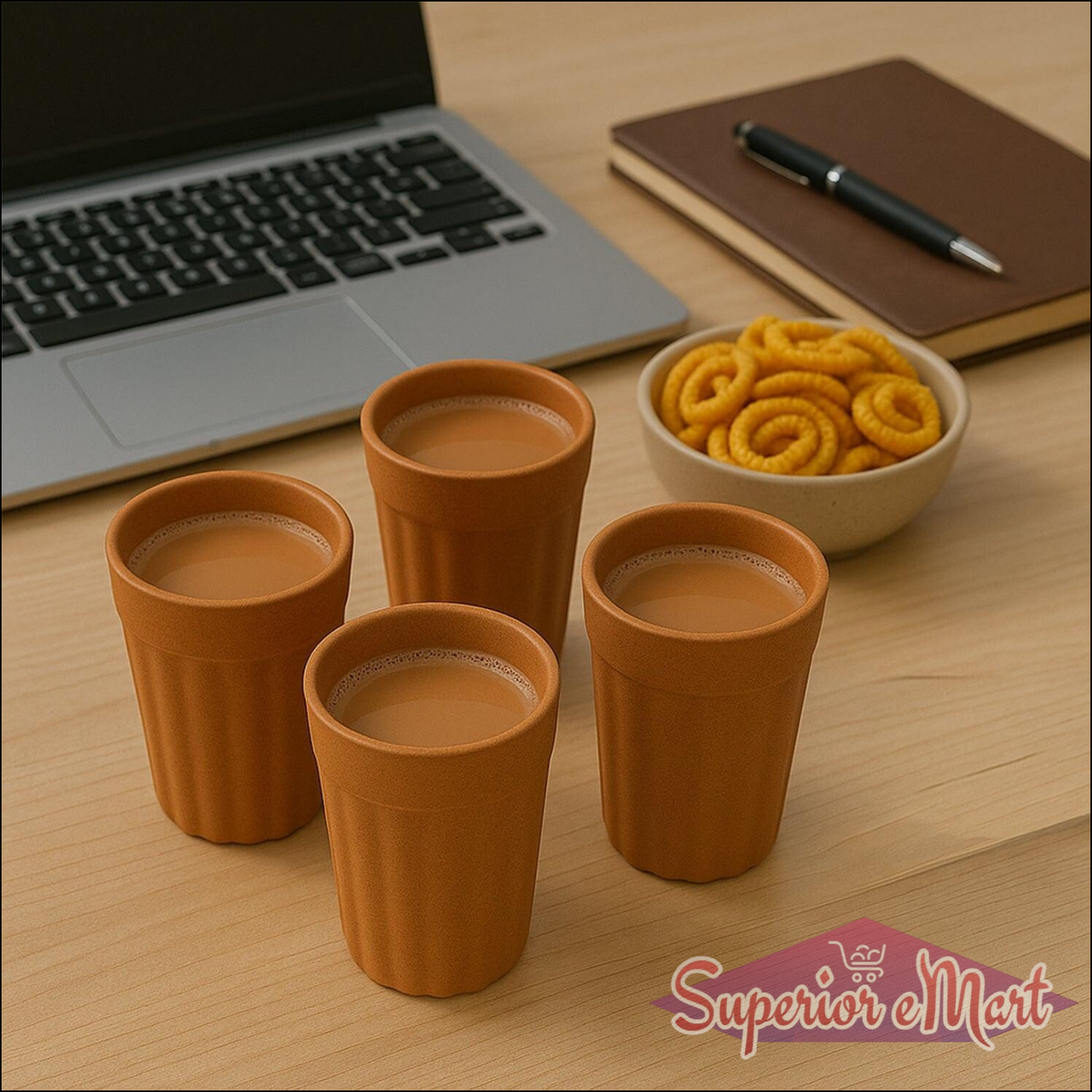 Traditional chai cups set with four terracotta cups filled with chai placed on a wooden table next to snacks