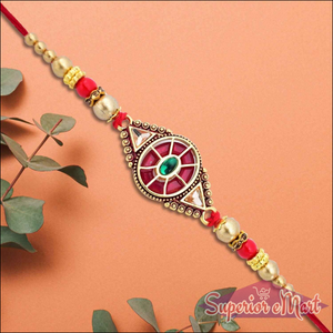 Red and Green Enamel Rakhi with Elegant Design - Pack of 5 - Superior eMart