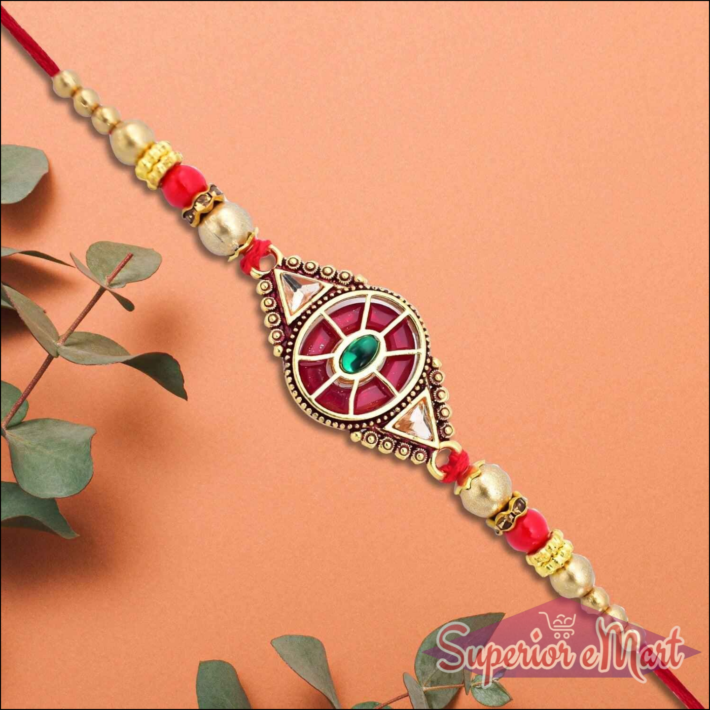 Red and Green Enamel Rakhi with Elegant Design - Pack of 5 - Superior eMart