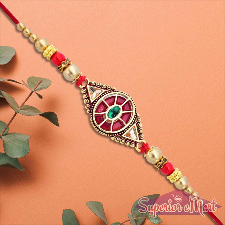 Red and Green Enamel Rakhi with Elegant Design - Pack of 5 - Superior eMart