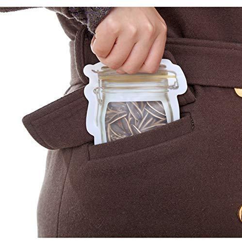 Transparent jar stand up pouch filled with seeds, easily fitting in a pocket for convenience