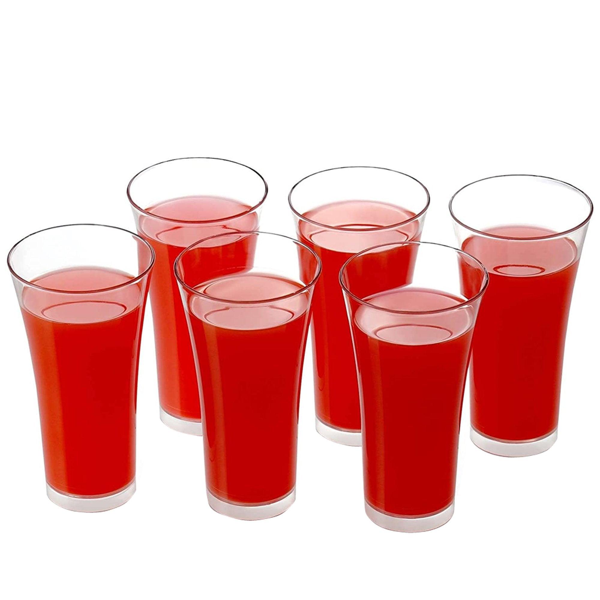 Transparent juice glass set of six with vibrant red juice for entertaining guests