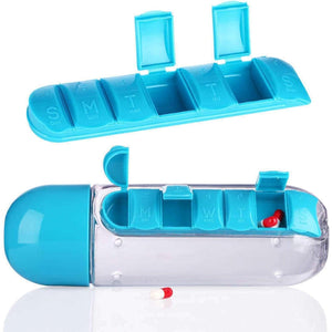 Travel pill water bottle with pill organizer and removable compartments for easy medication access