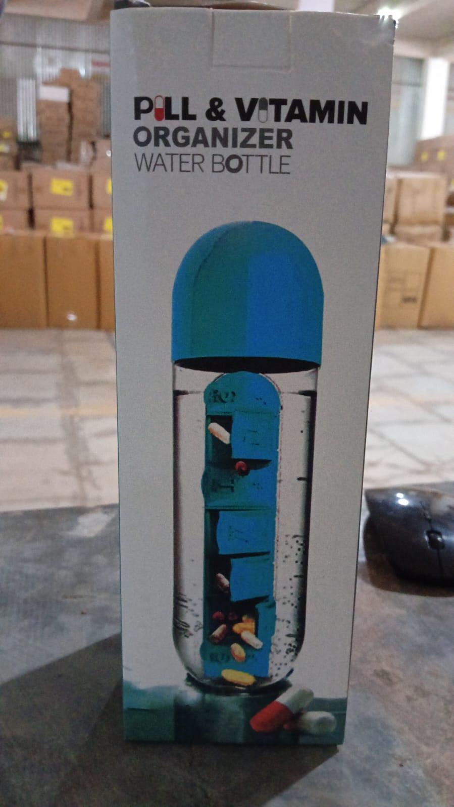 Travel pill water bottle with pill organizer and blue cap for easy medication management