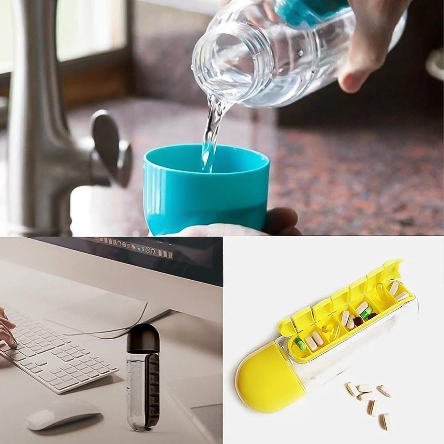 Travel pill water bottle in use, pouring water into cup on kitchen counter