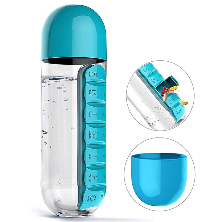 Travel pill water bottle with detachable pill organizer and sleek blue design for on-the-go hydration